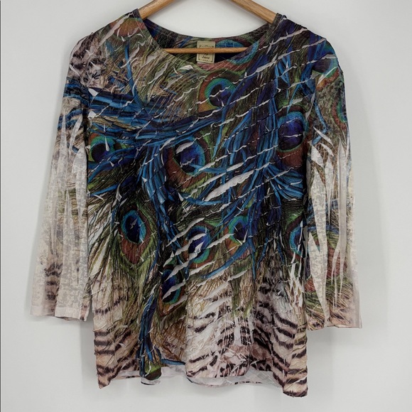 Jess & Jane 3/4 Sleeve Peacock Blouse Women’s Size Large - Picture 1 of 7